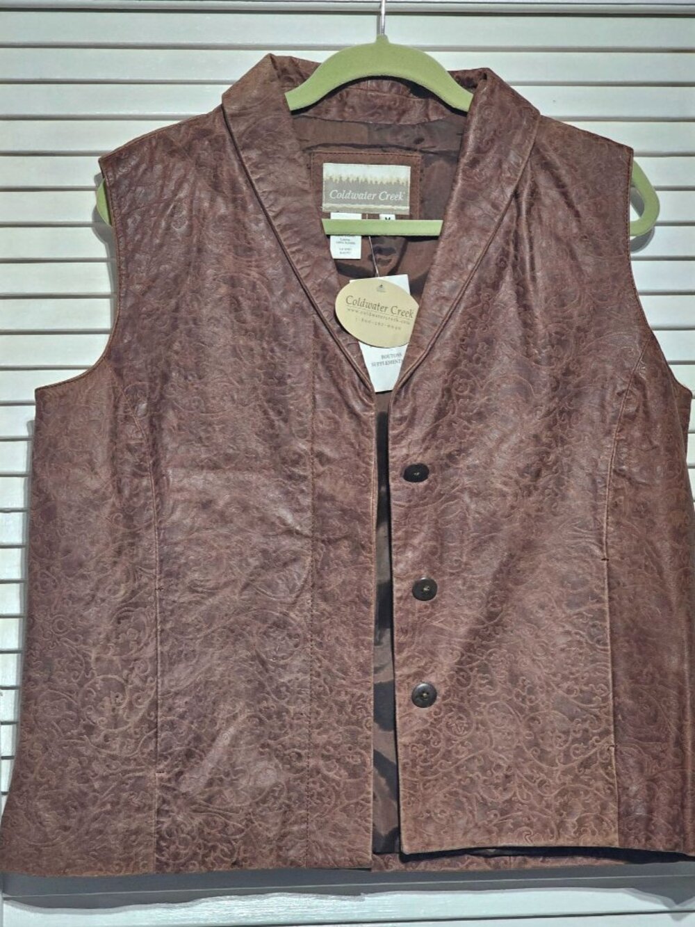 NWT Coldwater Creek Women's Embossed Brown Leather Button Front Vest Size M 3221 - Picture 10 of 12
